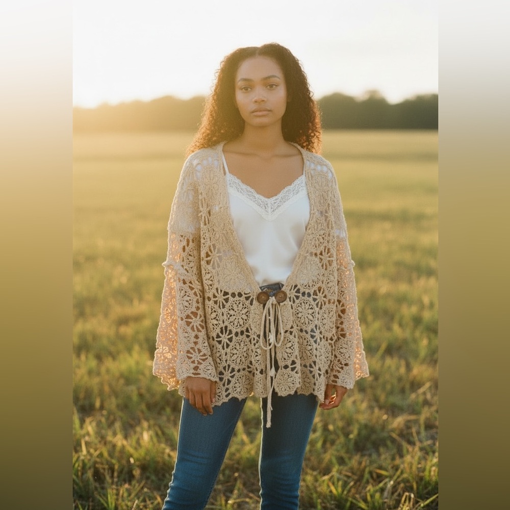 Crochet Openwork Tie-Waist Cardigan Sweater – Beige